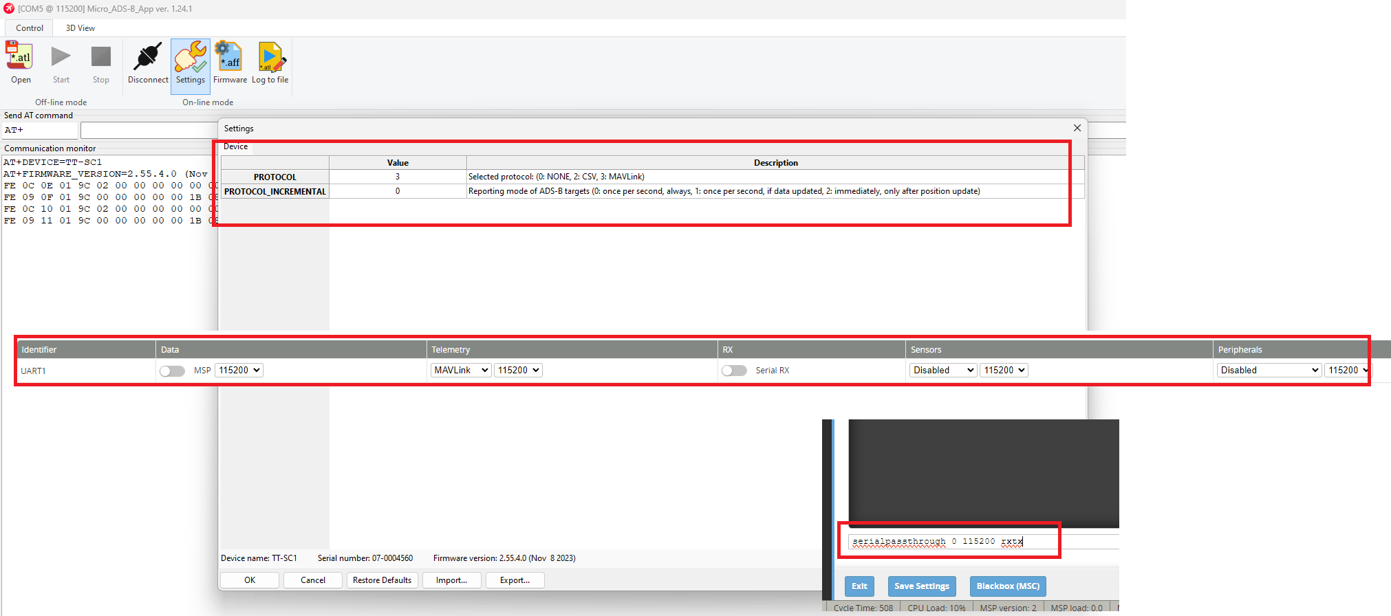 Micro ADS-B App settings with PROTOCOL set to 3 (MAVLink), the INAV Ports tab with Telemetry set to MAVLink at 115200, and the CLI serialpassthrough command