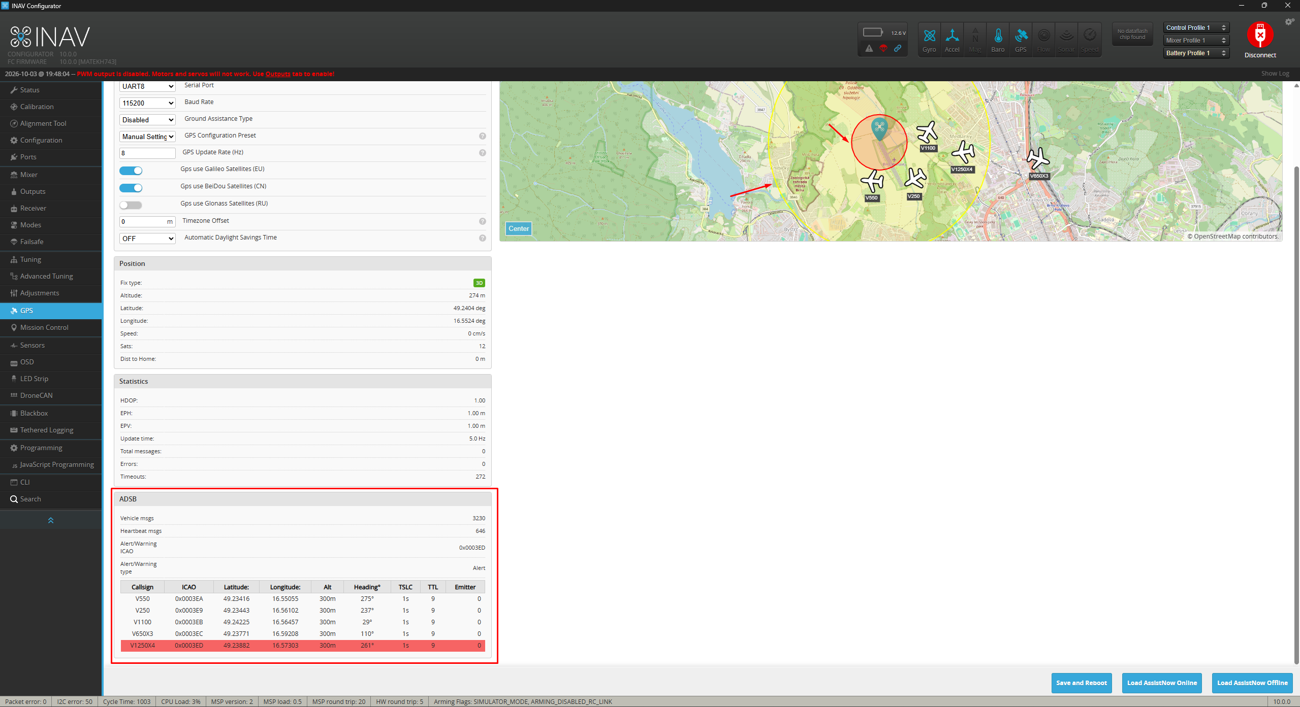 The Configurator GPS tab with the ADSB panel: Vehicle msgs and Heartbeat msgs counters, the ICAO and type of the aircraft currently selected for alert or warning, a table of tracked aircraft with the alert aircraft highlighted in red, and the map showing aircraft icons with the yellow warning circle and red alert circle around the UAV