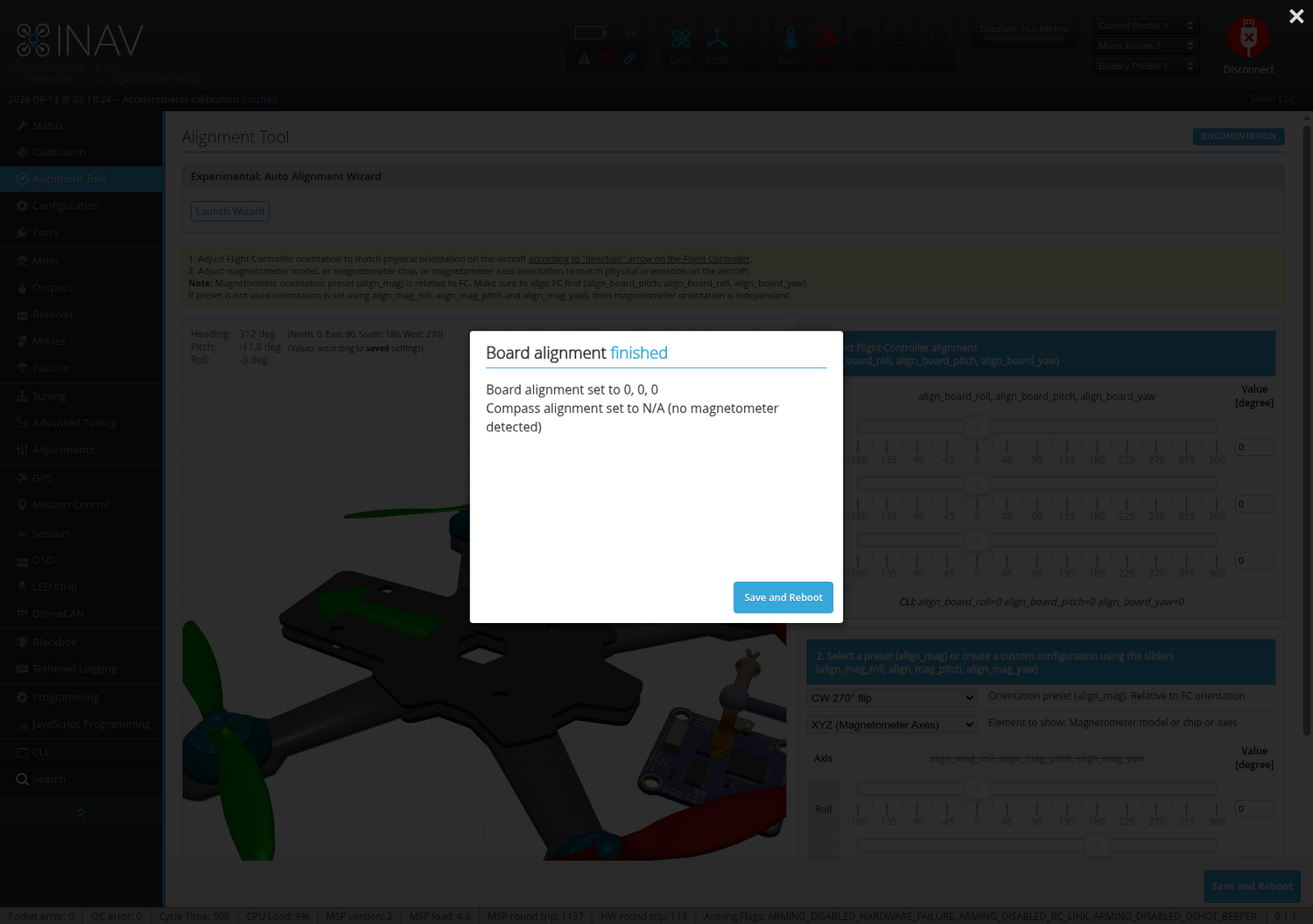 Alignment Wizard: finished, no magnetometer detected