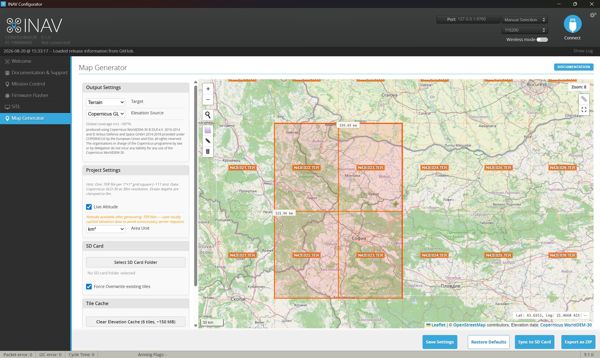 Terrain target selected, with the grid and the drawn area