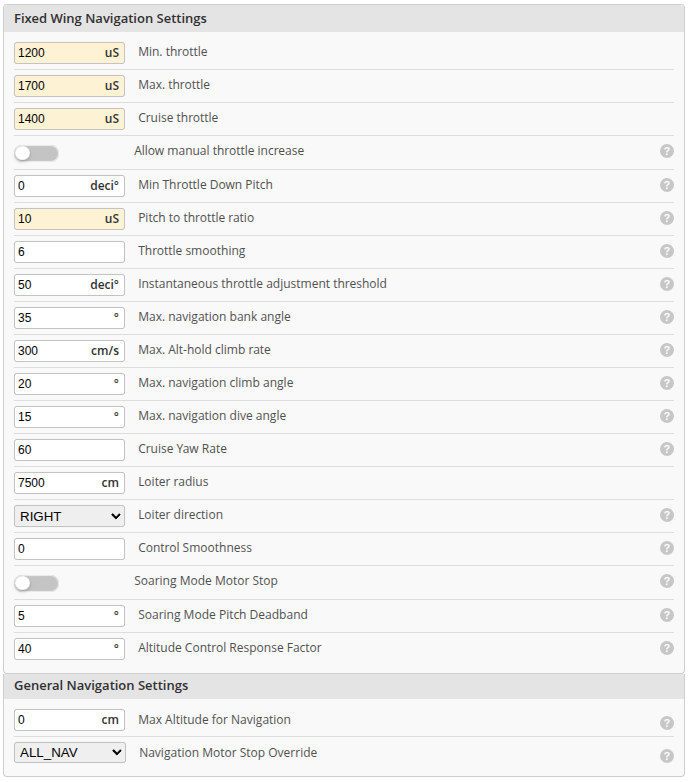 fixed wing nav settings