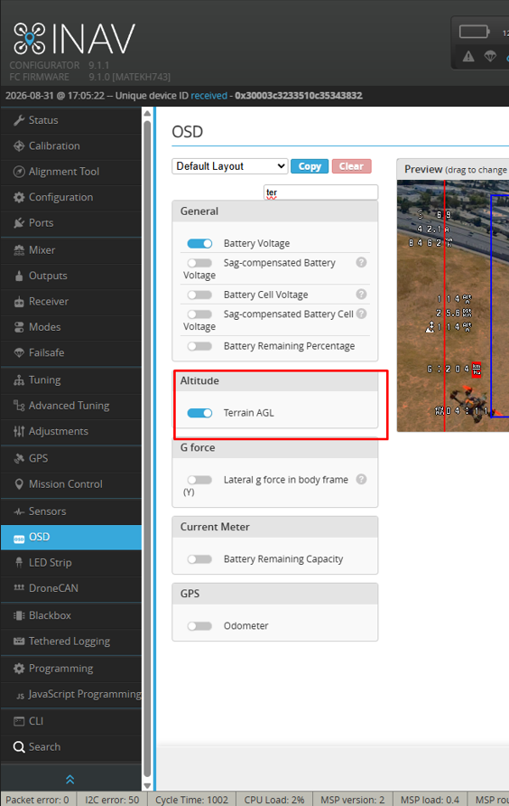 Enabling the Terrain AGL element in the INAV Configurator OSD tab