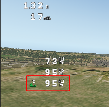 The dedicated "Terrain AGL" OSD element (mountain icon, highlighted) next to the "Rangefinder distance" (DIS) element showing the same terrain-derived value